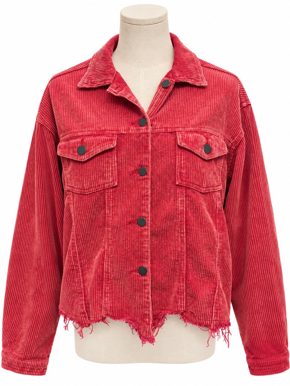 POL Red Corduroy Trucker Jacket Medium Distressed Raw Hem Boho